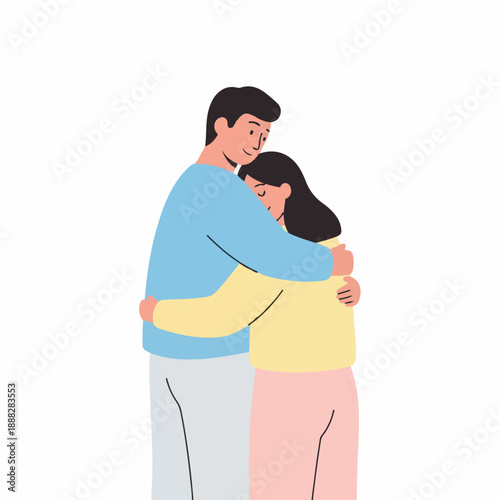 Gentle couple embracing tenderly with the man comforting the woman in a supportive and affectionate hug against a white background.