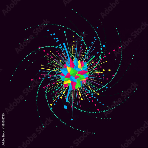 Vibrant, chaotic burst of colorful geometric particles radiates outward from a central, multifaceted core in a dynamic, swirling vortex pattern.
