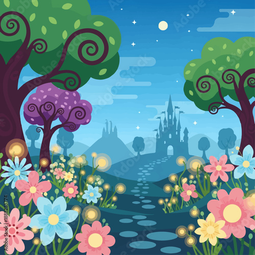 Enchanted forest pathway leads toward a distant fairy tale castle silhouette under a starry, mystical blue night sky.