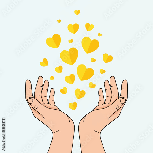Uplifted pair of hands releasing a cascade of glowing yellow hearts symbolizing generosity, love, and emotional giving.