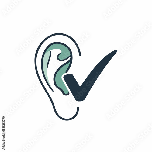Stylized icon depicts a human ear with a prominent dark checkmark overlaid, indicating successful hearing or auditory confirmation.