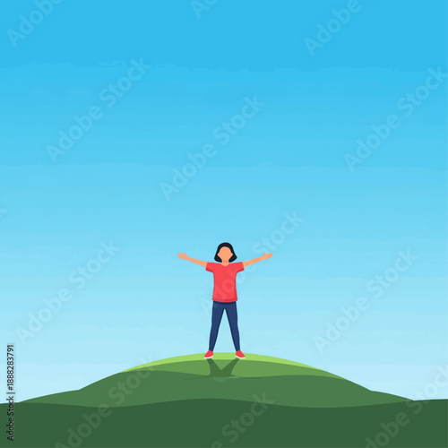Young person stands triumphantly on a grassy hilltop beneath a vast, clear blue sky symbolizing freedom and achievement.
