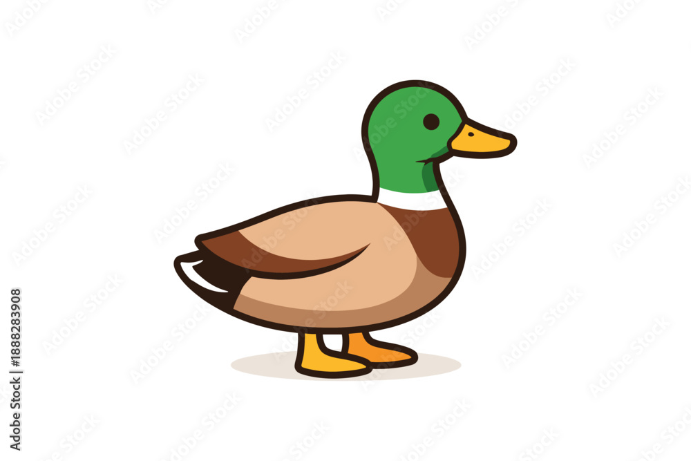 Obraz premium Cute cartoon mallard duck with green head and brown body on white background