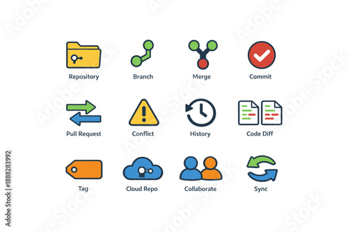 Colorful version control icons set: branch, merge, commit, collaborate
