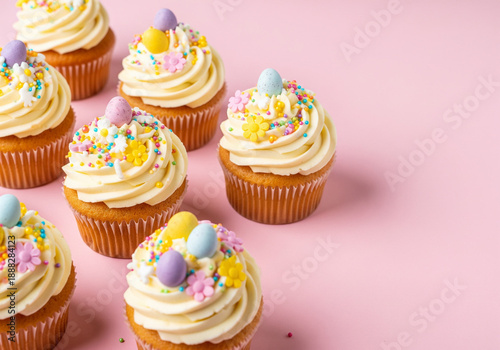 Tasty Easter cupcakes with vanilla cream and candies on pink background, space for text