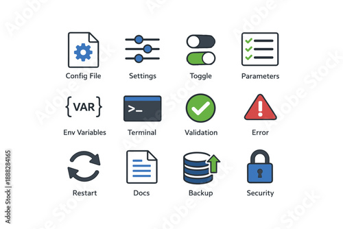 Software icon set featuring config files, settings, validation, and security symbols