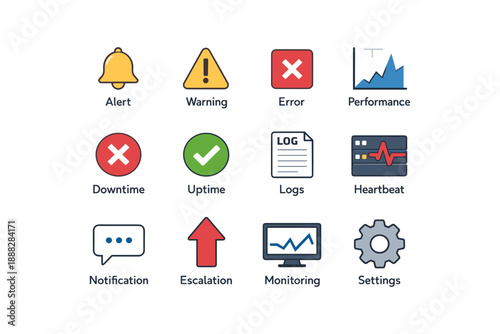 Alert and monitoring icons set: notifications, warnings, and performance symbols