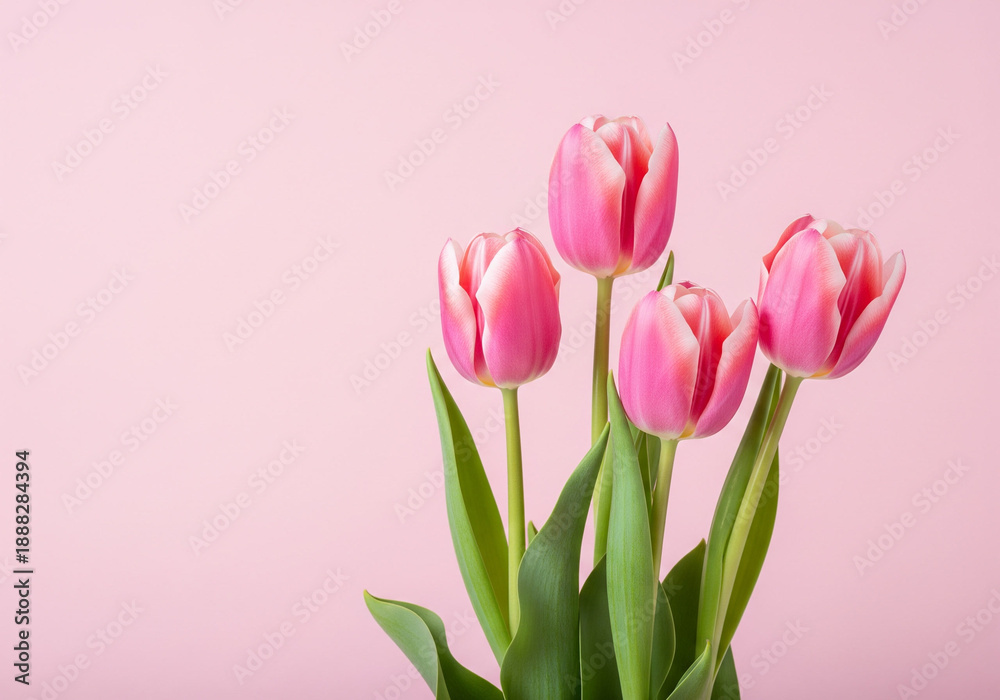 Fototapeta premium Three Pink Tulips on a Soft Pink Background blank space