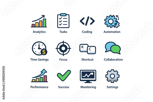 Analytics, automation, tasks, and performance icons for productivity