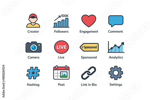 Social media icon set featuring analytics, engagement, and camera symbols