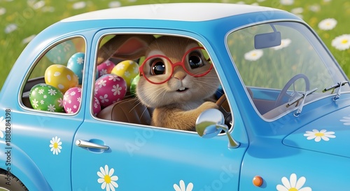 A bespectacled bunny drives a blue car filled with decorated eggs, on a daisy-filled day