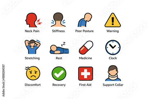 Neck pain icons: symptoms, remedies, and warnings illustrated