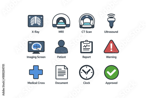 Medical icons set: x-ray, mri, ct scan, ultrasound, patient, report, warning