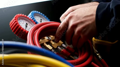 Close up of gauges and hoses adjusting