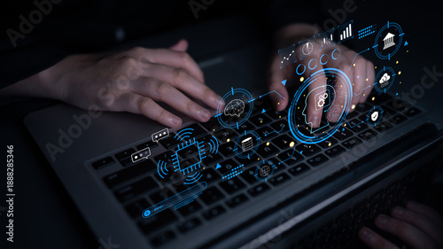 An advanced AI system for business and financial analysis. A futuristic interface for commanding an AI to process data from various domains. Motif