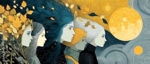 surreal depiction of the four seasonal winds as characters