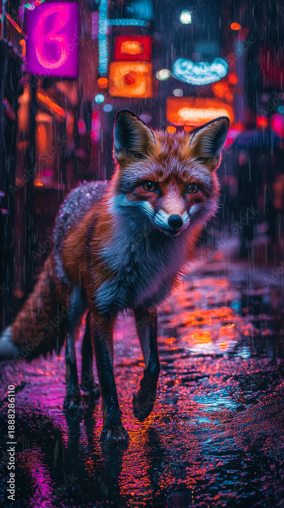 Fototapeta premium A sleek fox roams a rain-soaked, neon-lit alley, capturing a wild moment in the heart of the city