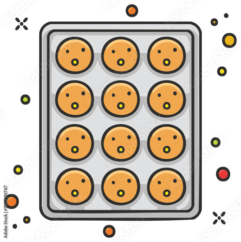 Baking tray with twelve surprised emoji muffins in a flat design style.