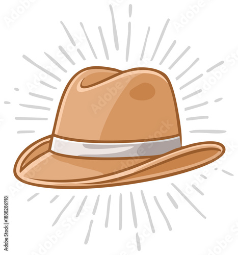 Cartoon style tan fedora hat with white band and light ray accents retro classic headwear