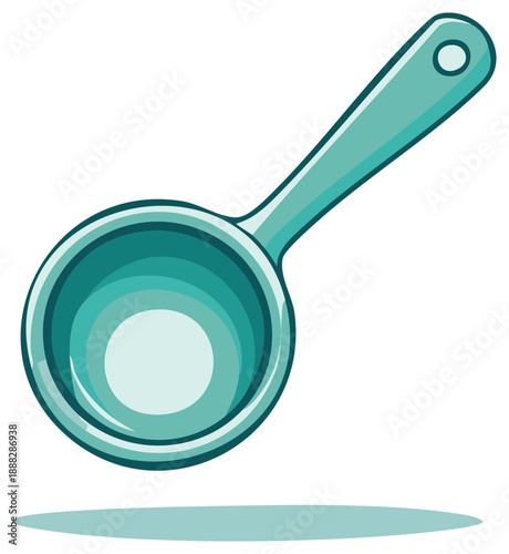 Teal measuring scoop with long handle and hanging hole isolated on white