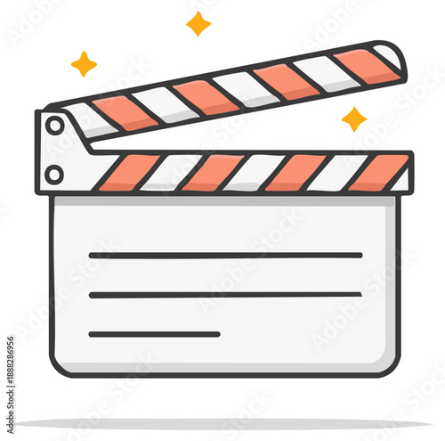 Stylized clapperboard with orange stripes, illustration movie symbol film set scene indicator, video sign