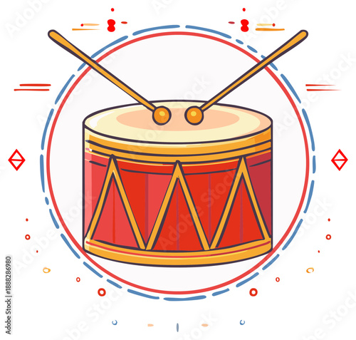 Red musical drum with drumsticks and abstract decorative elements in a circular frame, vector illustration