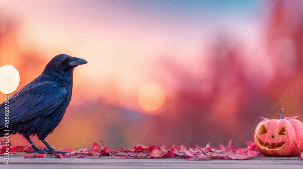 Fototapeta premium Raven stands next to carved pumpkin amid colorful autumn leaves at sunset