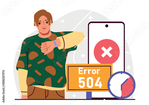 504 error concept. Man stands near smartphone and looks at his watch. Bad gateway timeout. Server interaction problems. Failed connection. Flat vector illustration