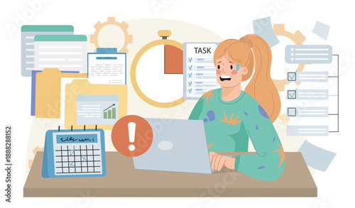 Woman afraid of deadline. Young girl working on project in panic. Stress and negative emotions, frustration. Poor time management and inefficient workflow. Flat vector illustration