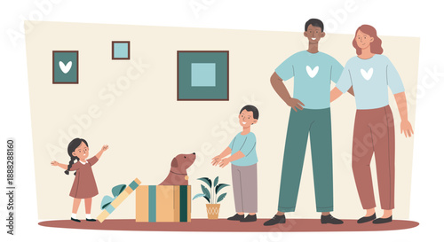 Parents give dog as gift. Man, woman, and boy and girl stand near box with pet. Family adopting puppy. Charity and kindness. Kids with domestic animal. Flat vector illustration