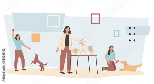 Dogs contest concept. Women with dogs near golden cup. Presentation and exhibition, competition. Champions with trophies. Puppies with awards. Flat vector illustration