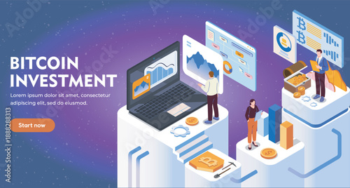 Isometric bitcoin investment poster. Men and women near laptops with graphs. Digital money and cryptocurrency. Blockchain technologies. Landing page design. Volumetric vector illustration