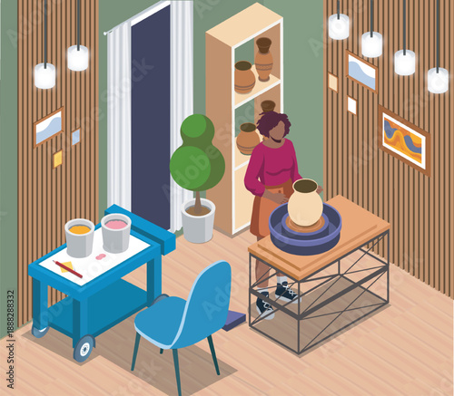 Isometric colored pottery. Woman sculpts vase from clay and ceramics. Hobbies and leisure. Craftswoman in studio or workshop. Sculpting and crafting. Volumetric vector illustration