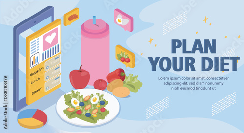 Isometric diet plan poster. Plate of salad next to meal plan. Healthy lifestyle, proper nutrition, and weight loss. Landing page design. Volumetric vector illustration