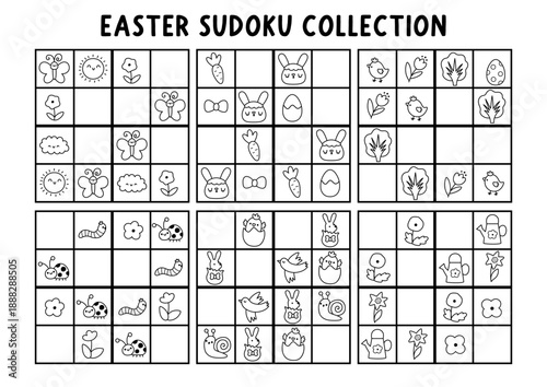 Vector Easter sudoku puzzle for kids with pictures. Black and white quiz collection with bunny, eggs, chick, flowers, birds. Spring line holiday activity or coloring page. Draw missing object
