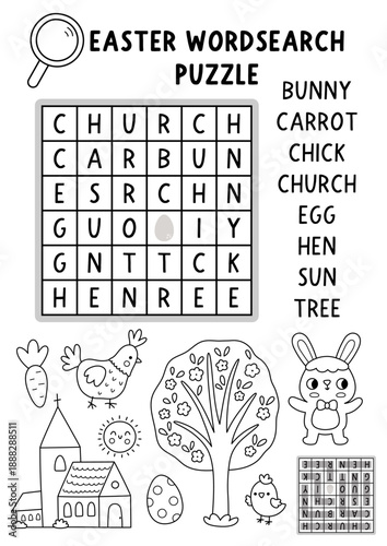 Vector Easter word search puzzle for kids. Wordsearch line quiz with bunny, church, hen, chick, carrot for children. Black and white spring holiday educational cross word activity, coloring page