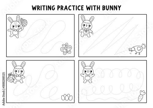 Vector Easter black and white handwriting practice worksheet with bunny going to eggs, butterfly, hen, carrot. Preschool drawing printable activity, coloring page. Spring holiday tracing game