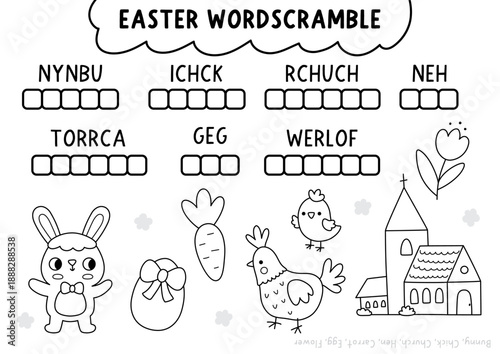 Vector Easter word scramble activity coloring page. English language black and white game with bunny, egg, hen, chicken, church, tulip flower for kids. Spring holiday line quiz, printable worksheet
