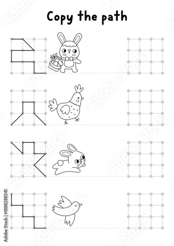 Easter black and white drawing, writing, tracing, space orientation activity for kids. Draw lines in square box according example. Spring holiday printable game, coloring page with bunny, hen, bird