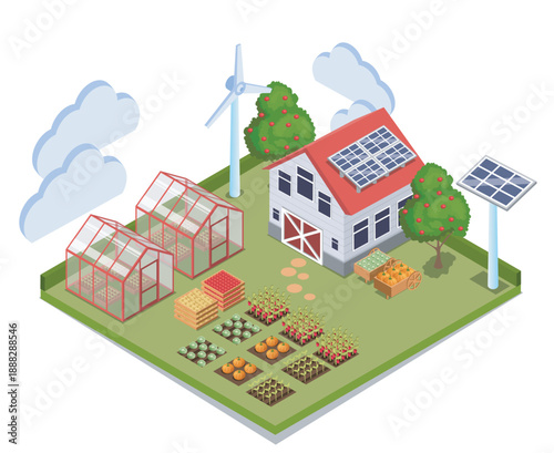 Isometric smart farm. House with solar panels and windmills, beds with vegetables and fruits. Agriculture and gardening. Modern technologies and process optimization. Volumetric vector illustration