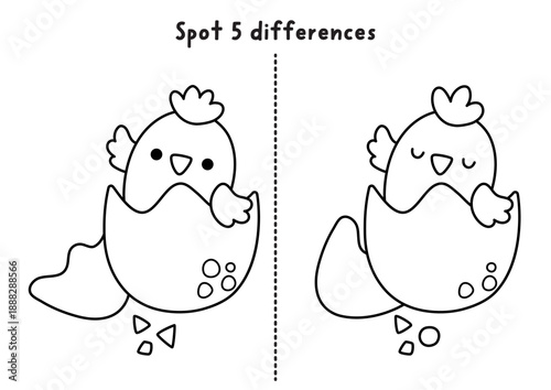 Easter find differences black and white game. Spring holiday line educational activity with hatching chick waving wing from egg. Cute puzzle for kids. Printable worksheet, coloring page