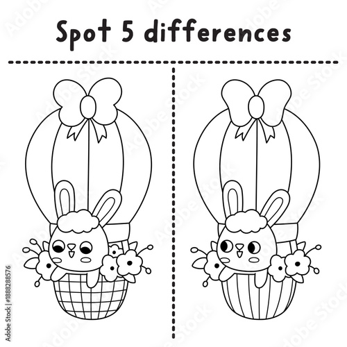 Easter find differences black and white game. Spring holiday line educational activity with bunny flying on hot air balloon with flowers. Cute puzzle for kids. Printable worksheet, coloring page