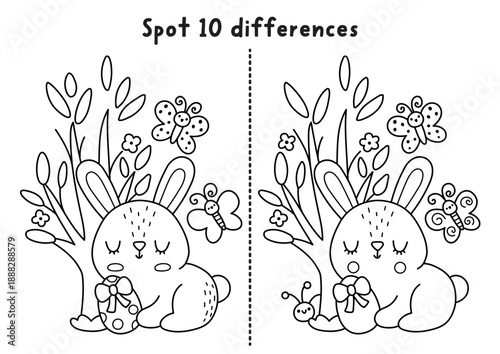 Easter find differences black and white game. Spring holiday line educational activity with bunny sitting with egg near blooming tree. Cute puzzle for kids. Printable worksheet, coloring page