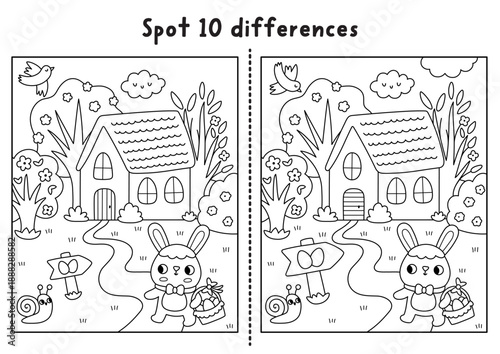 Easter find differences black and white game. Spring holiday line educational activity with bunny going to house with gg basket. Puzzle for kids. Printable worksheet, coloring page with rural scene