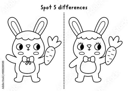 Easter find differences black and white game. Spring holiday line educational activity with bunny standing with carrot. Cute puzzle for kids. Printable worksheet, coloring page for attention