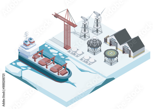 Isometric nuclear icebreaker ship. Ship breaks ice floes near Arctics snowy shore. Nautical polar transport. Delivery, transportation and shipping. Volumetric vector illustration