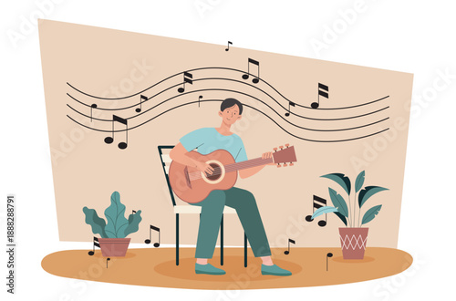 Boy playing guitar. Teenager sits on chair with guitar. Hobbies and leisure. Musician and guitarist prepares for performance, rehearsing song. Flat vector illustration