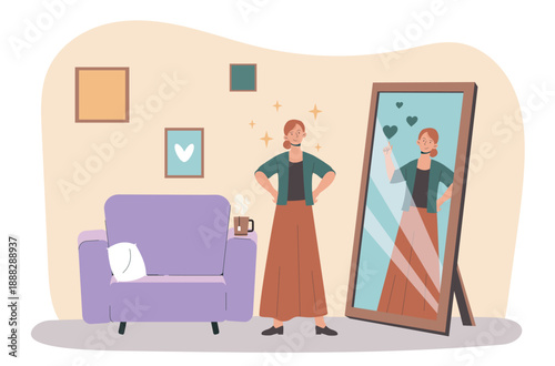 Woman with self love. Young girl looks at her reflection in mirror. High self esteem and inner peace. Psychology and mental health care. Awareness and mindfulness. Flat vector illustration
