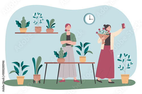 Selfie in flower shop. Woman takes photo with bouquet in flower shop. Florist with client. Girl posts on social media. Bloom and blossom plants. Flat vector illustration