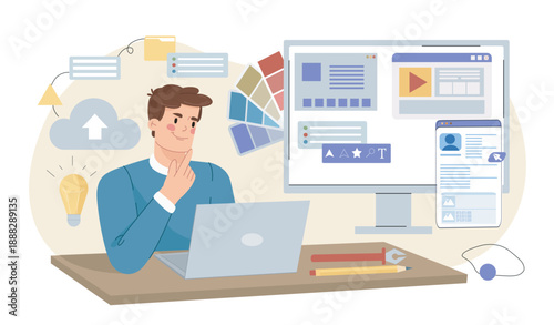 Ux designer at workplace. Man sits at laptop near palettes. Graphic designer and illustrator develops graphic elements for website or application. Flat vector illustration